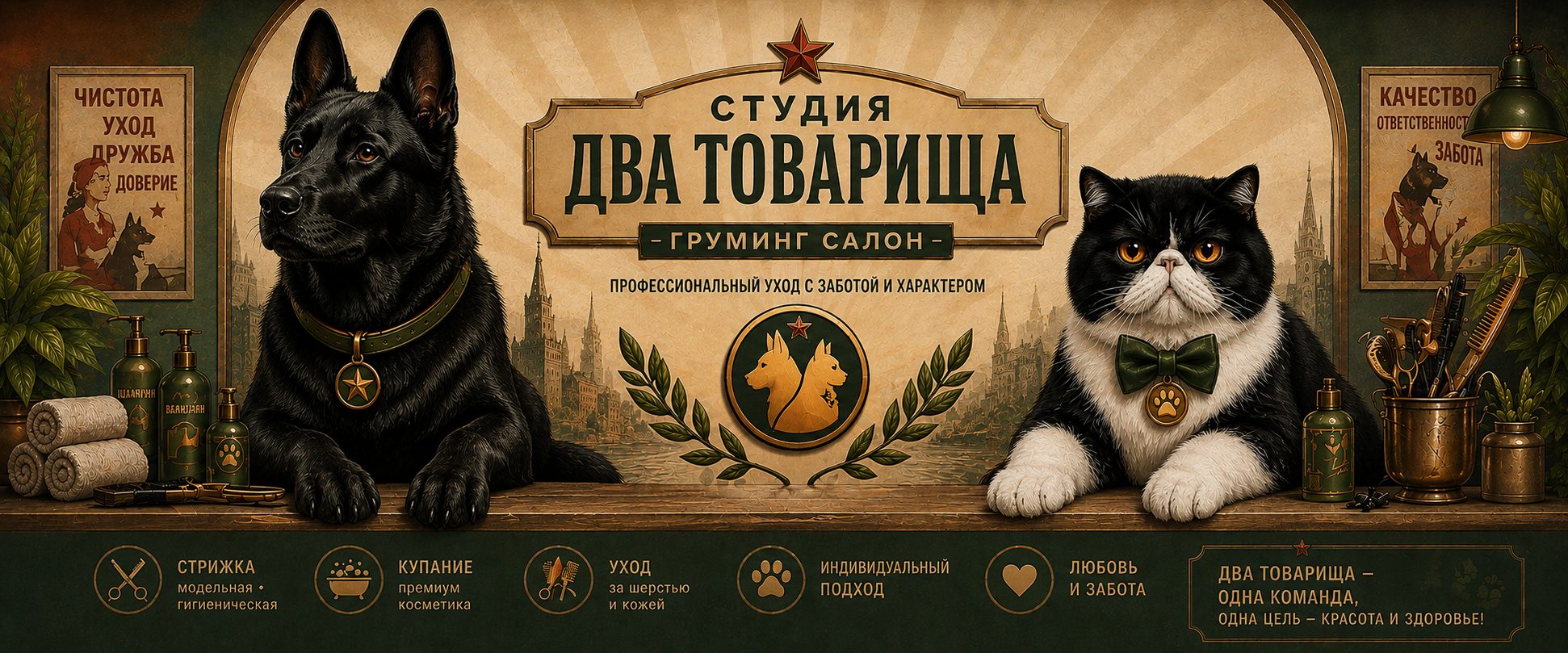 Студия Два Товарища — груминг салон. Чёрная овчарка и чёрно-белый кот с оранжевыми глазами